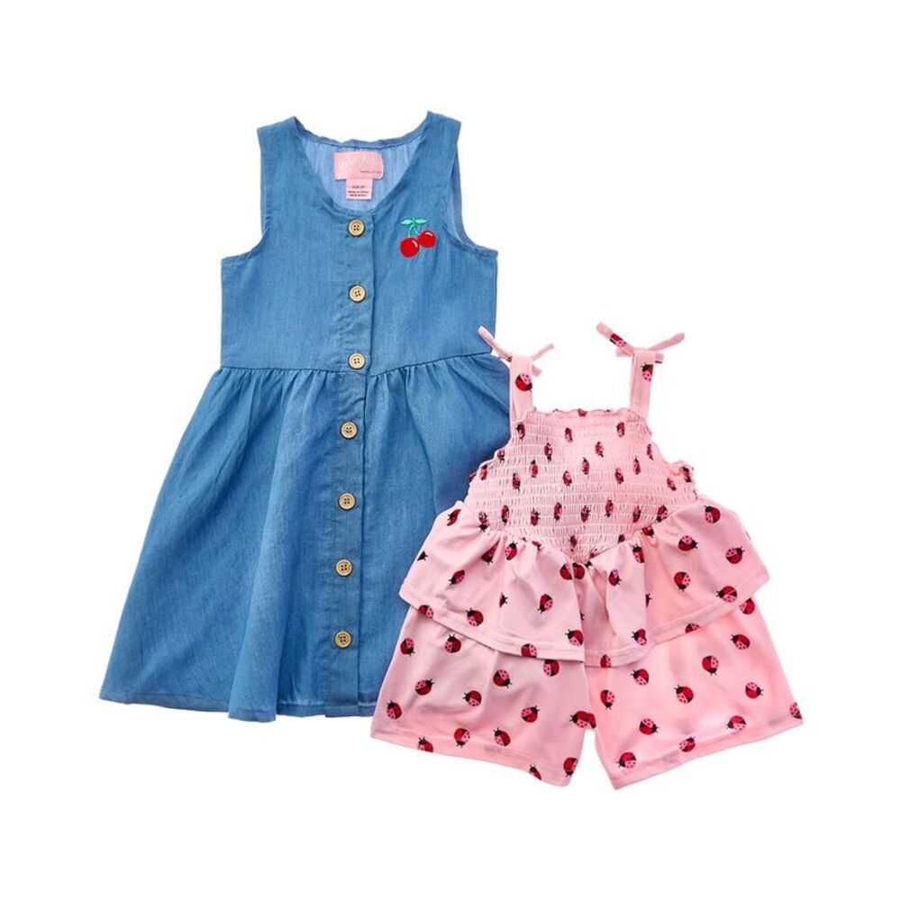 Freestyle Girls  2Pk Little Lady Woven Dress & Knit Romper Set, Pink